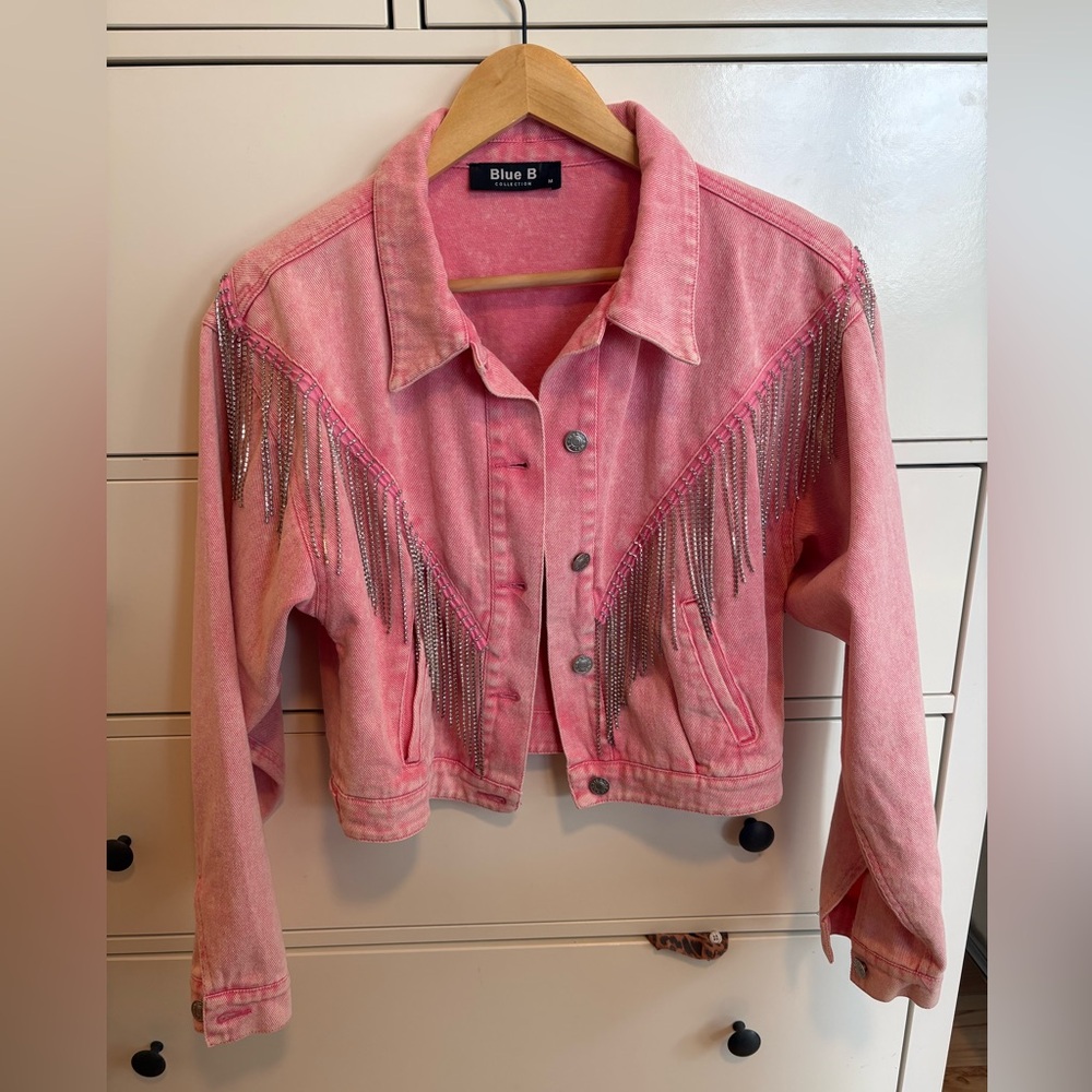 Pink Denim Jacket with Rhinestone Fringe
